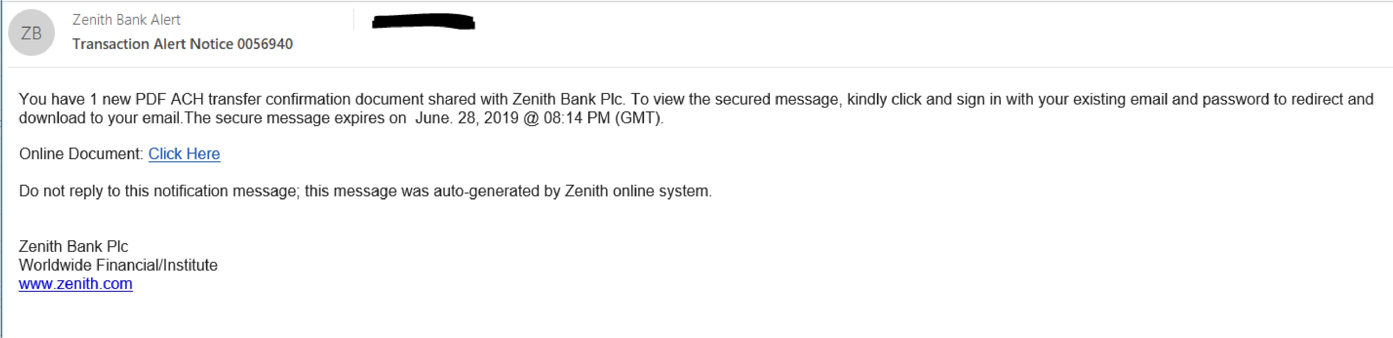 Transfer confirmation email spoofing Zenith Bank is actually a phishing